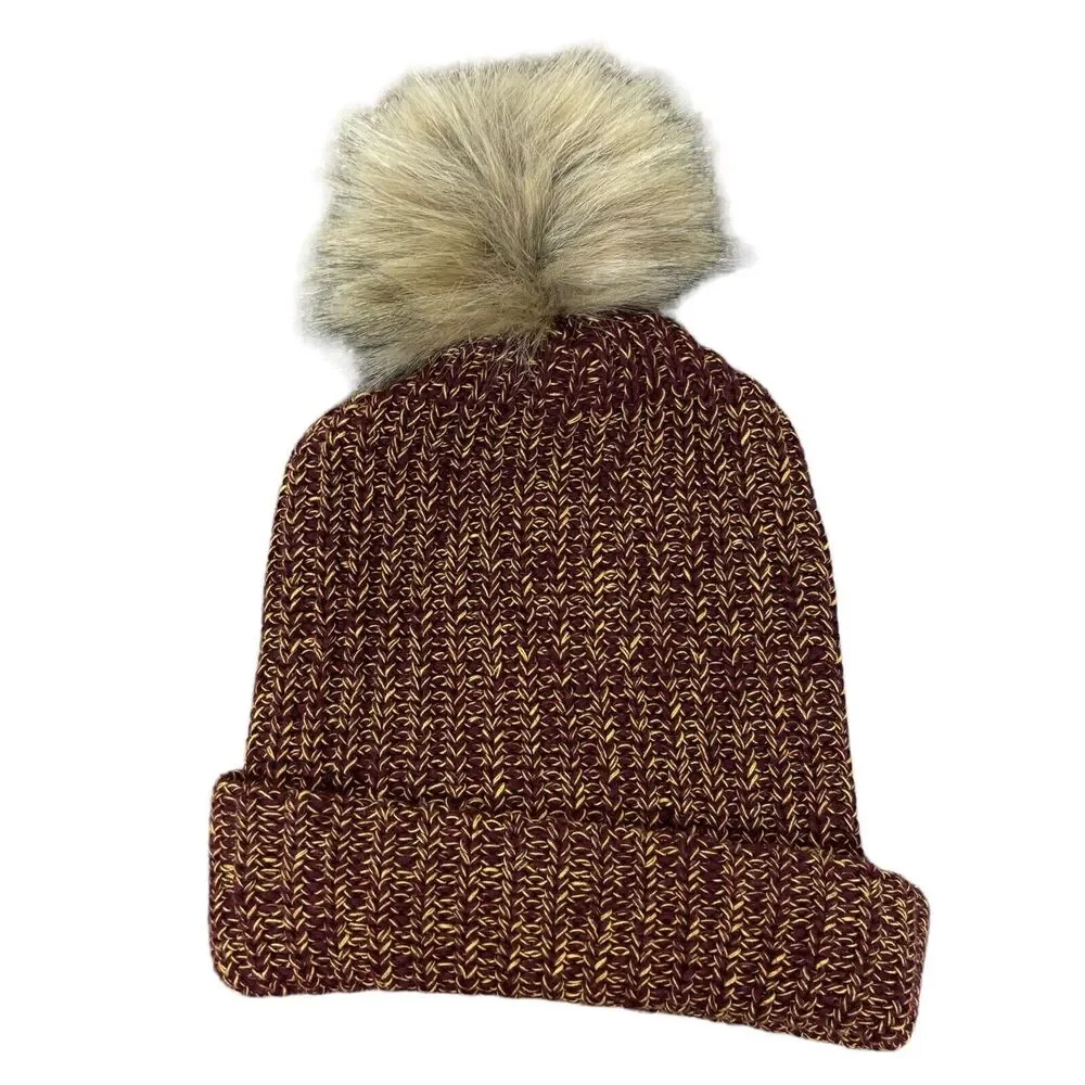 Love Your Melon Red Yellow Pom Pom Beanie Cuffed Style